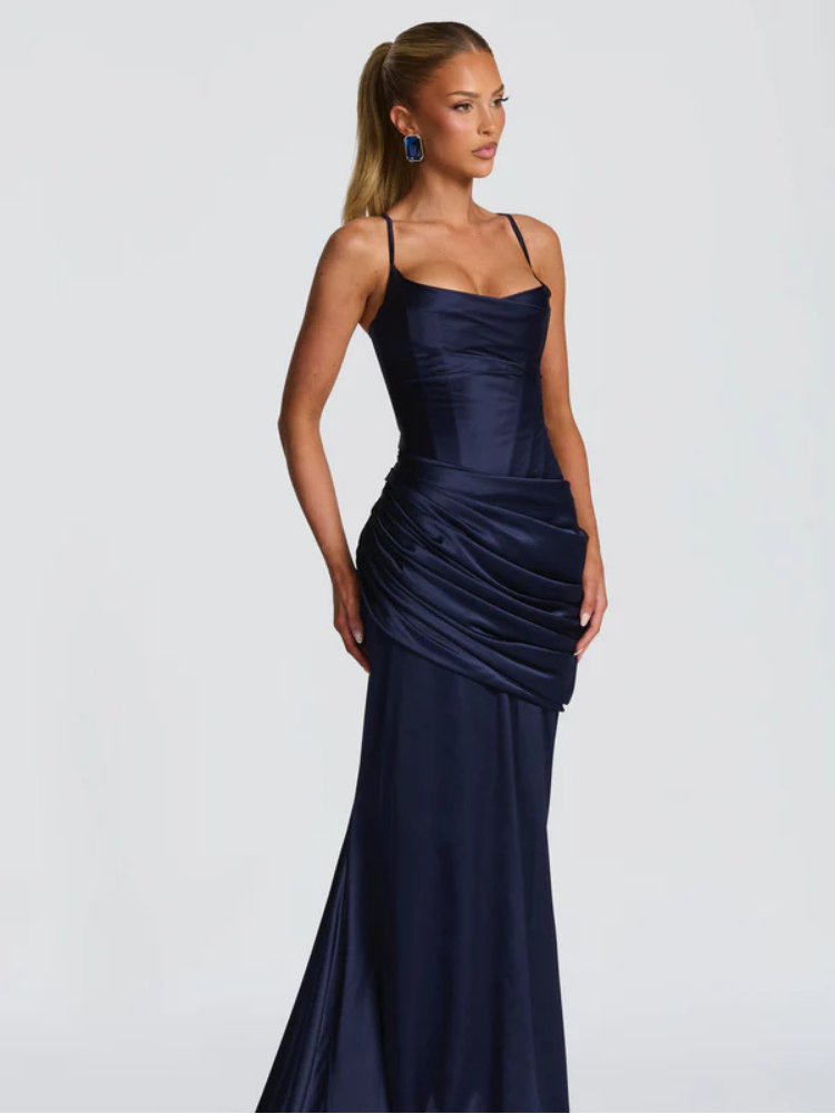 Ava Women's Maxi Dress | Elegant Deep Navy, Softly Gathered Bodice 1
