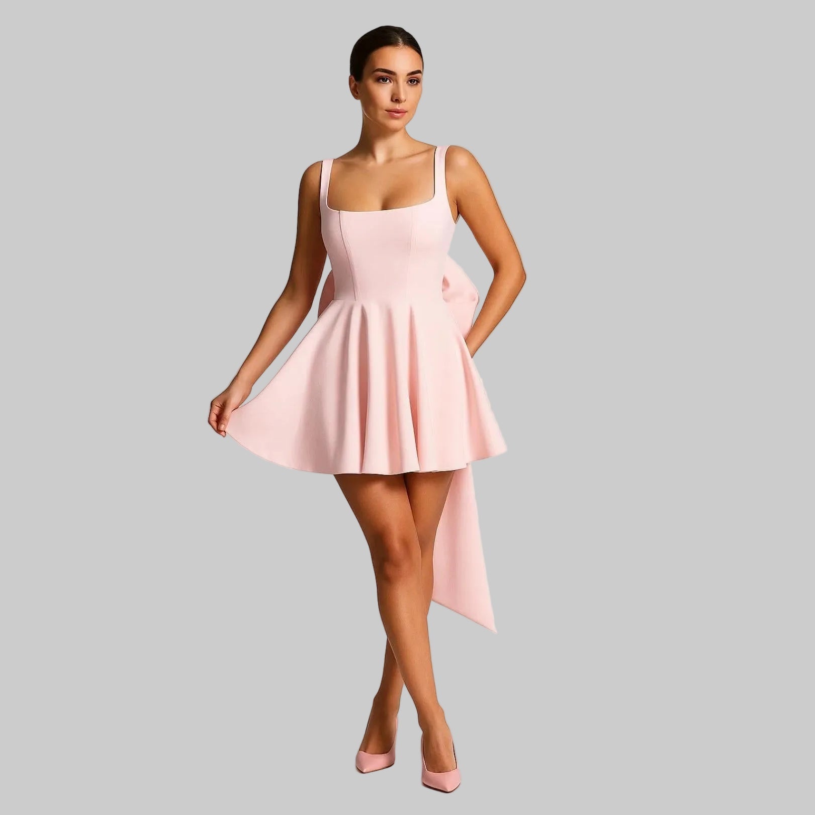 Ava Women's Wedding Guest Dress | Fitted Bodice with Flared Skirt, Oversized Bow 1