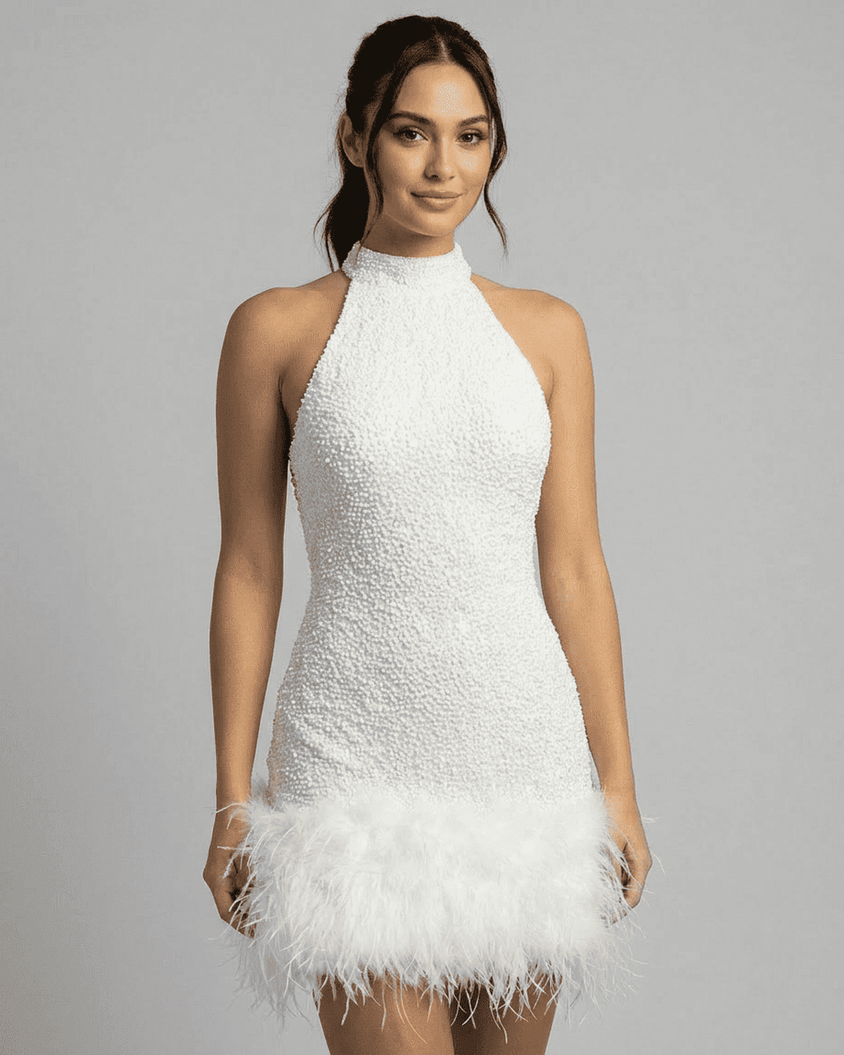 Brianna Women's Mini Dress | White Sequin Bodycon with Halter Neckline 1