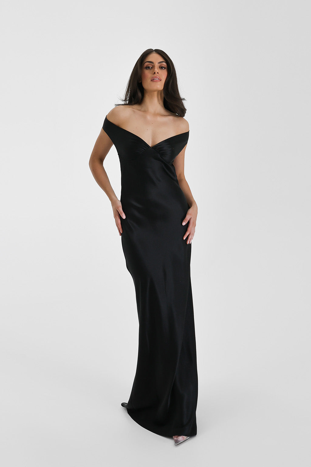 Bridget Women's Evening Gown | Silk Off-Shoulder Elegance 12