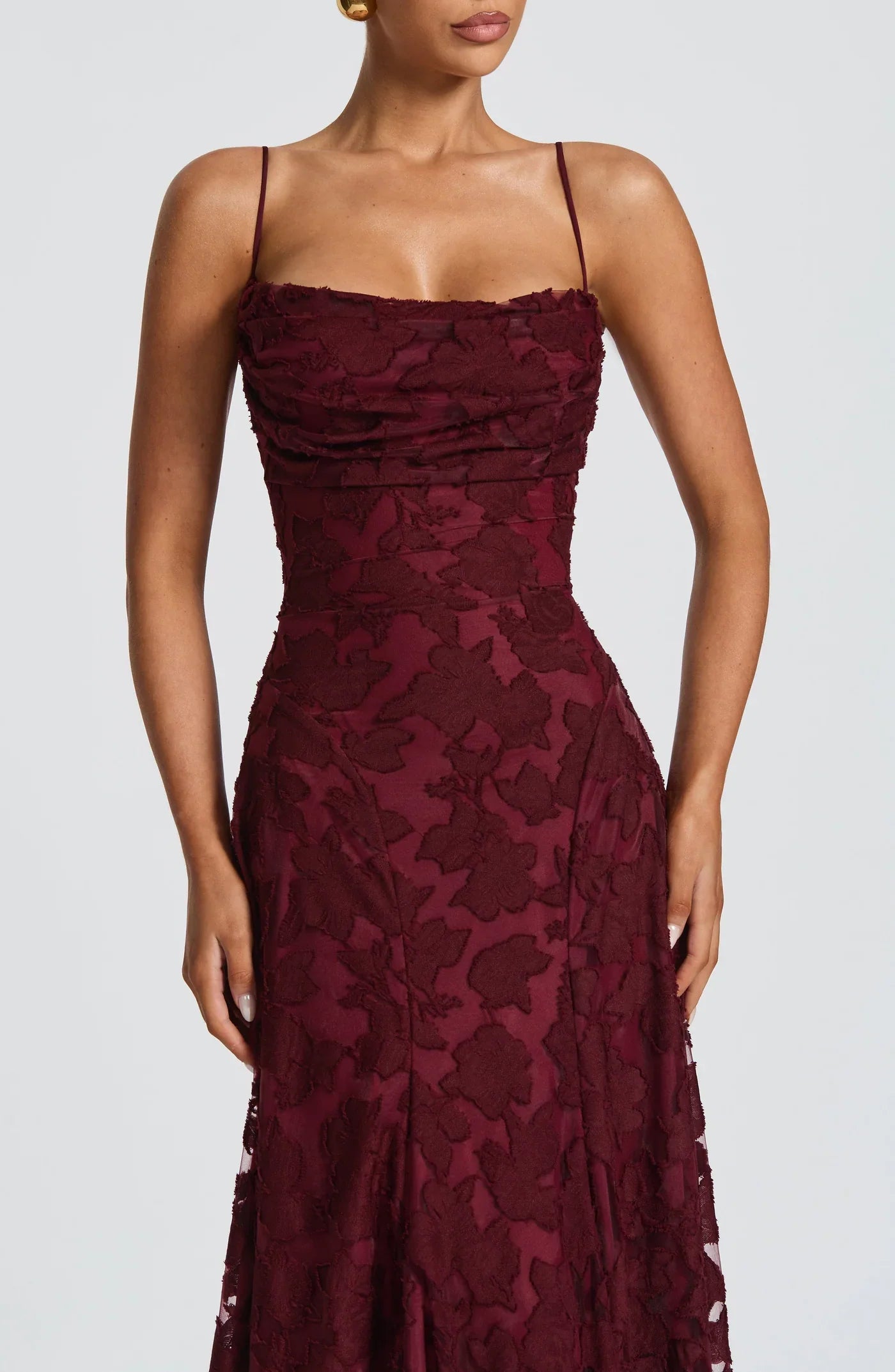 Diana Women's Evening Dress | Deep Burgundy Jacquard, Elegant Flowing Skirt 4