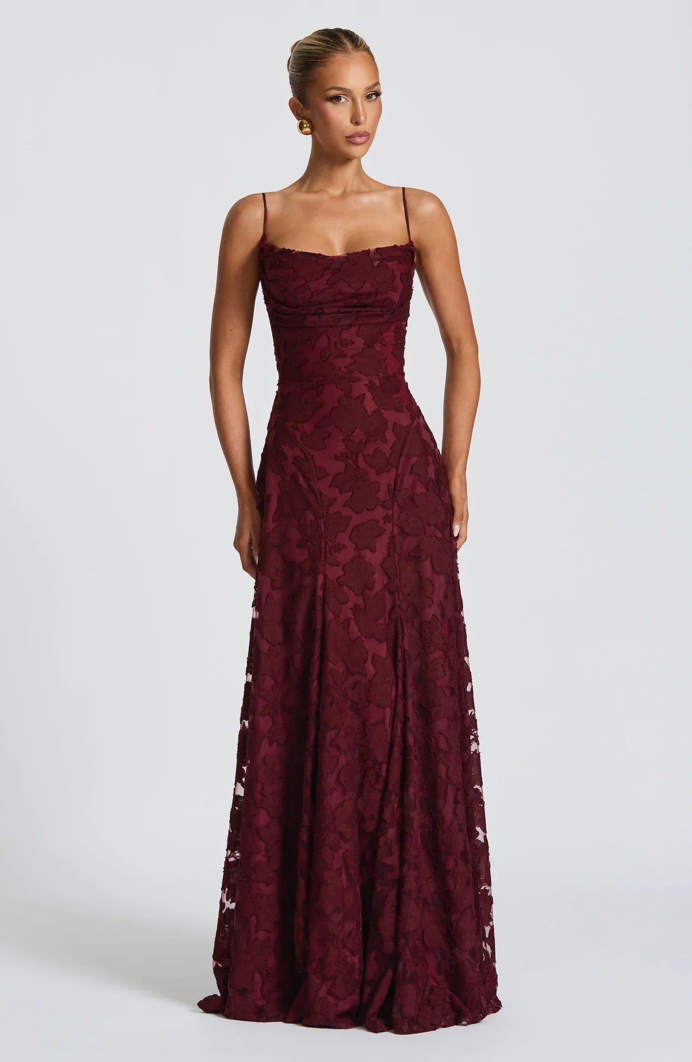 Diana Women's Evening Dress | Deep Burgundy Jacquard, Elegant Flowing Skirt 5