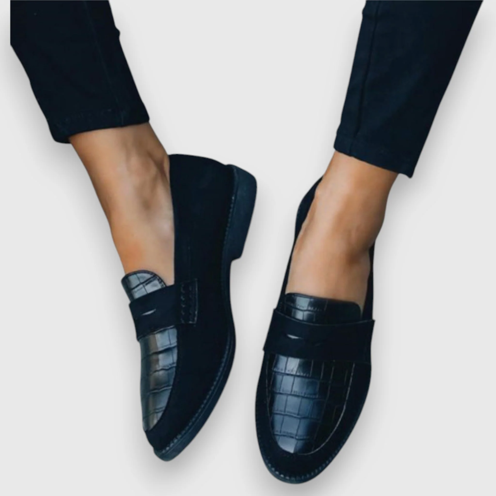 Diane Women's Black Loafers | Handcrafted Orthopedic Comfort, Croco Embossed Design 0