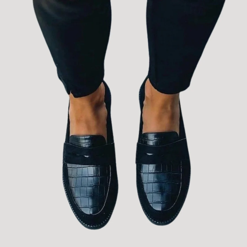 Diane Women's Black Loafers | Handcrafted Orthopedic Comfort, Croco Embossed Design 1