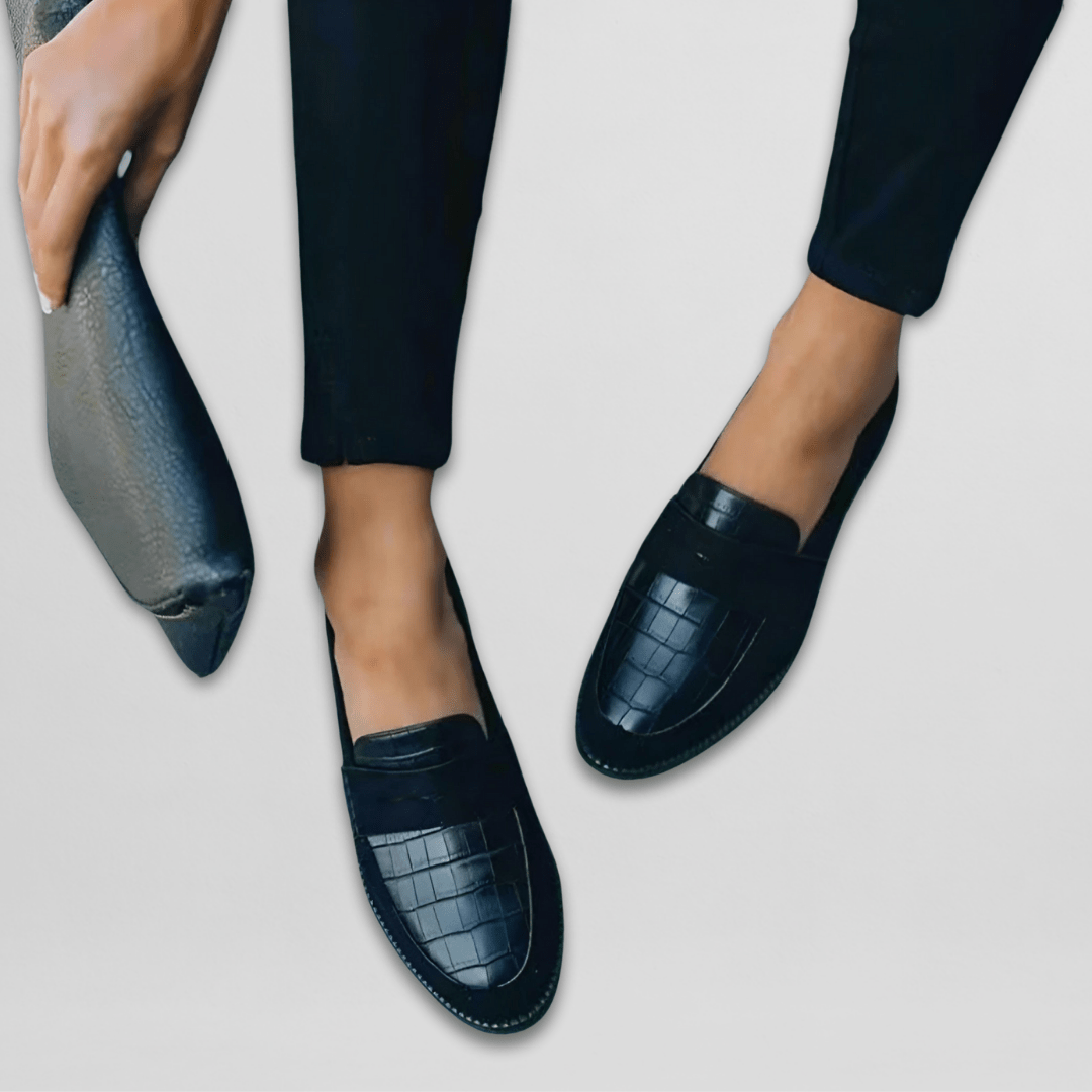 Diane Women's Black Loafers | Handcrafted Orthopedic Comfort, Croco Embossed Design 2
