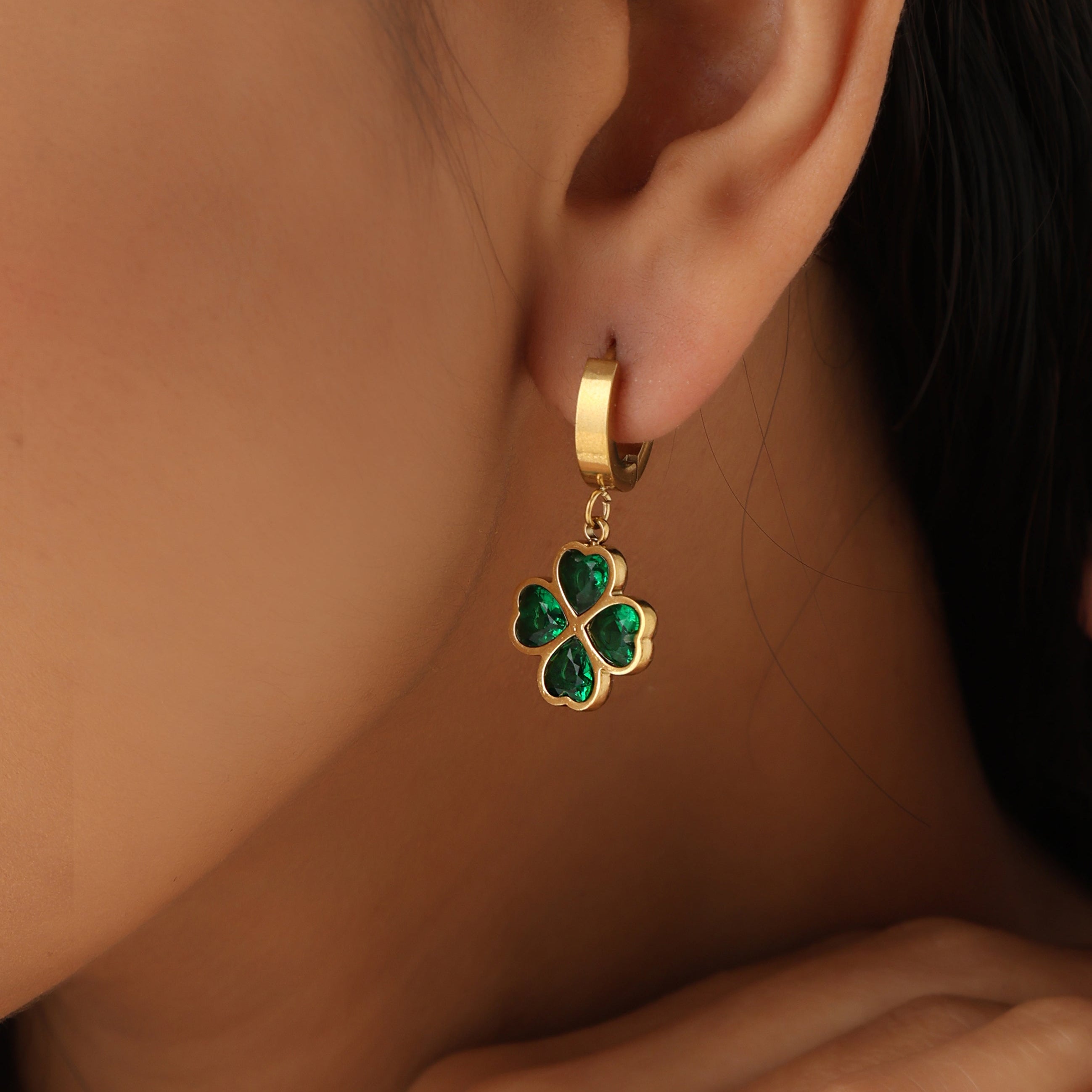 Evelyn Women's Earrings | Gold Clover Design with Emerald Stones 0