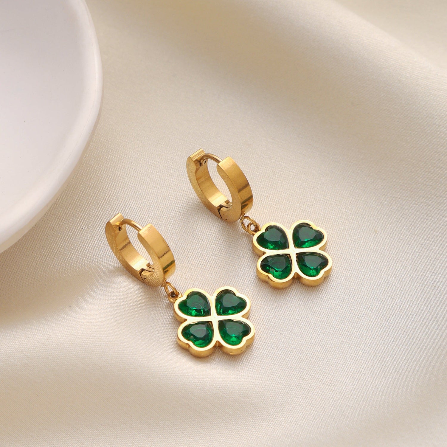 Evelyn Women's Earrings | Gold Clover Design with Emerald Stones 4