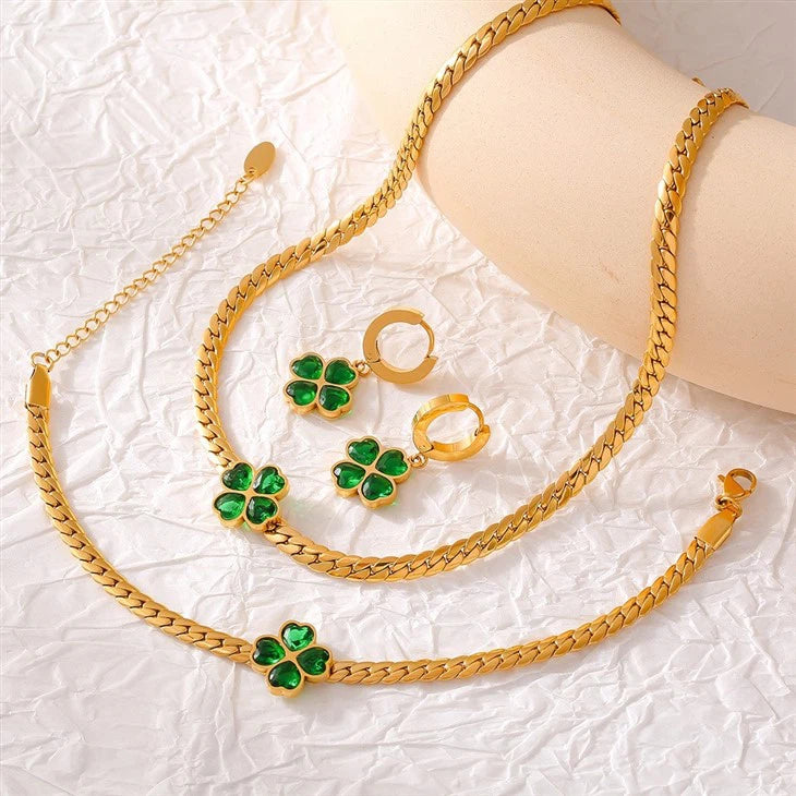 Evelyn Women's Earrings | Gold Clover Design with Emerald Stones 5