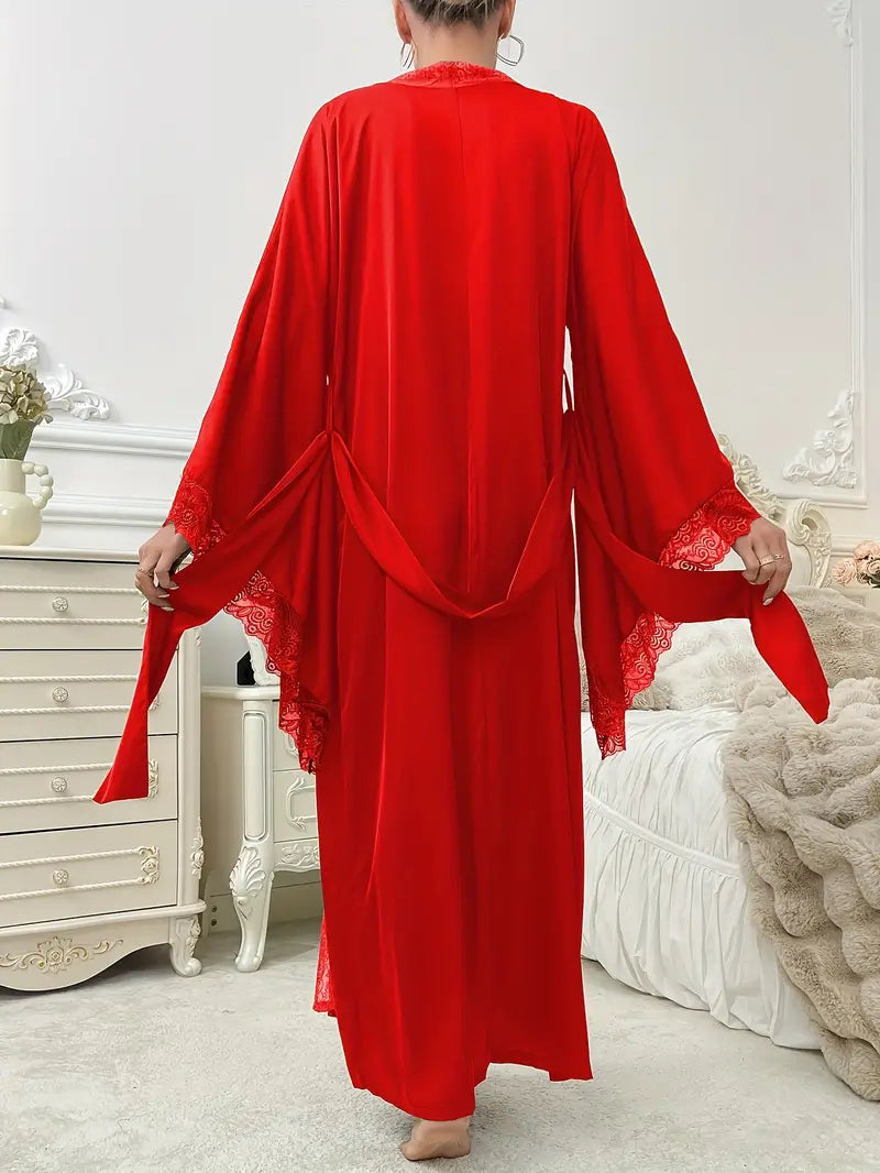 Lina Women's Dressing Gown | Lace Trim, Wrap Style 2