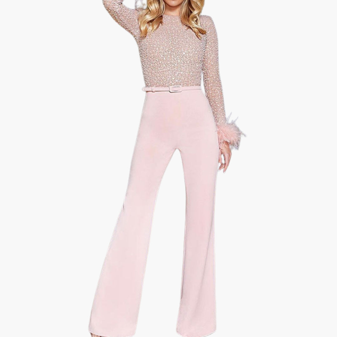 Luna Women's Jumpsuit | Sequin Top with Feather Trim, Flared Pants 1