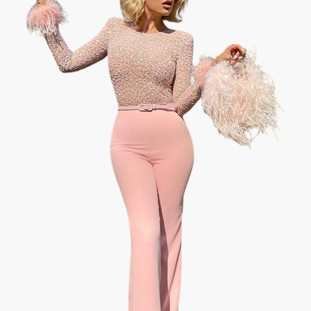 Luna Women's Jumpsuit | Sequin Top with Feather Trim, Flared Pants 3
