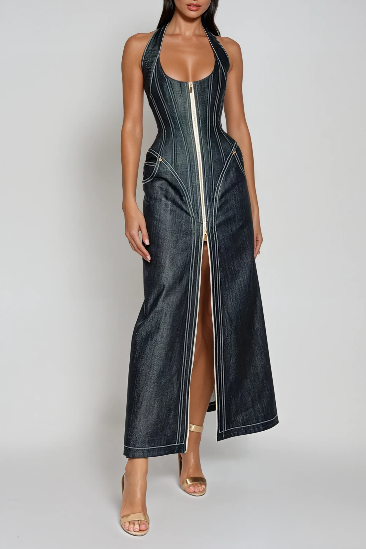 Maren Women's Maxi Dress | Soft Denim, Elegant Halter Neckline 1