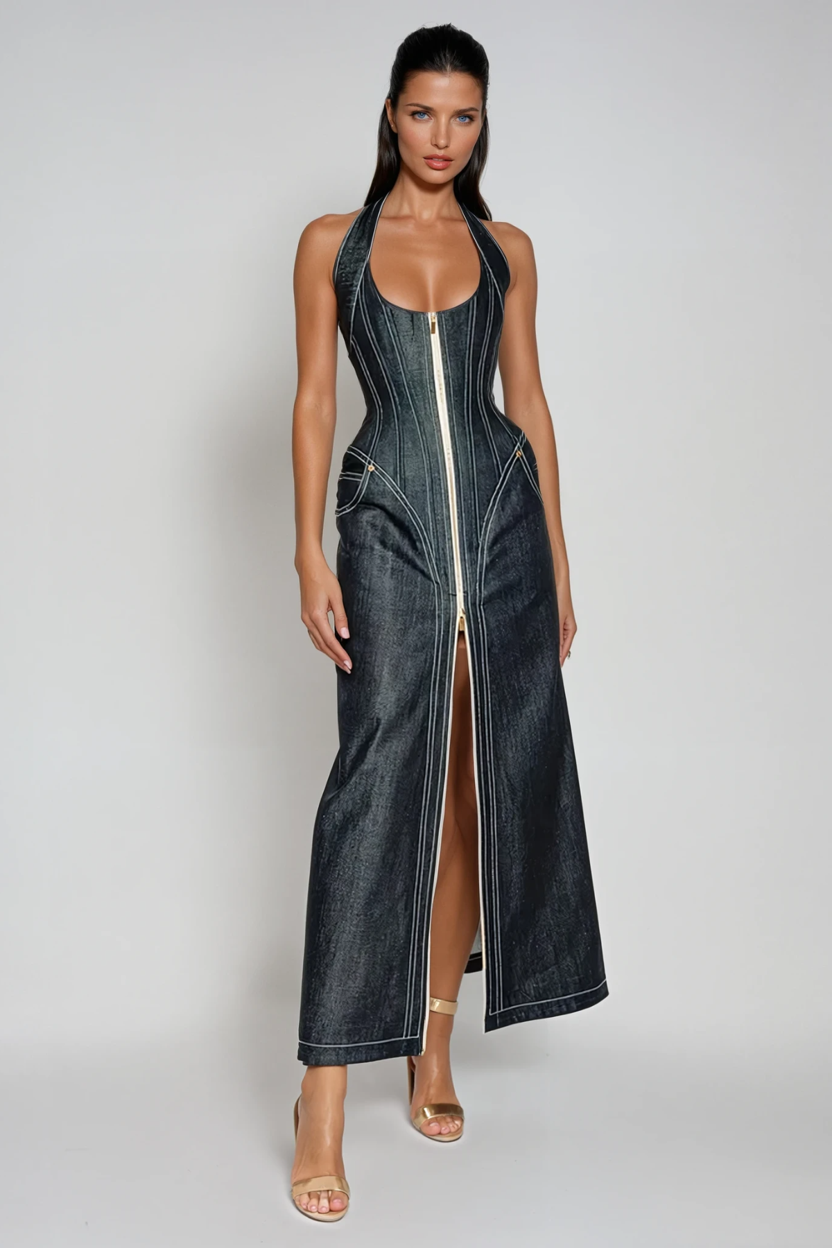 Maren Women's Maxi Dress | Soft Denim, Elegant Halter Neckline 2