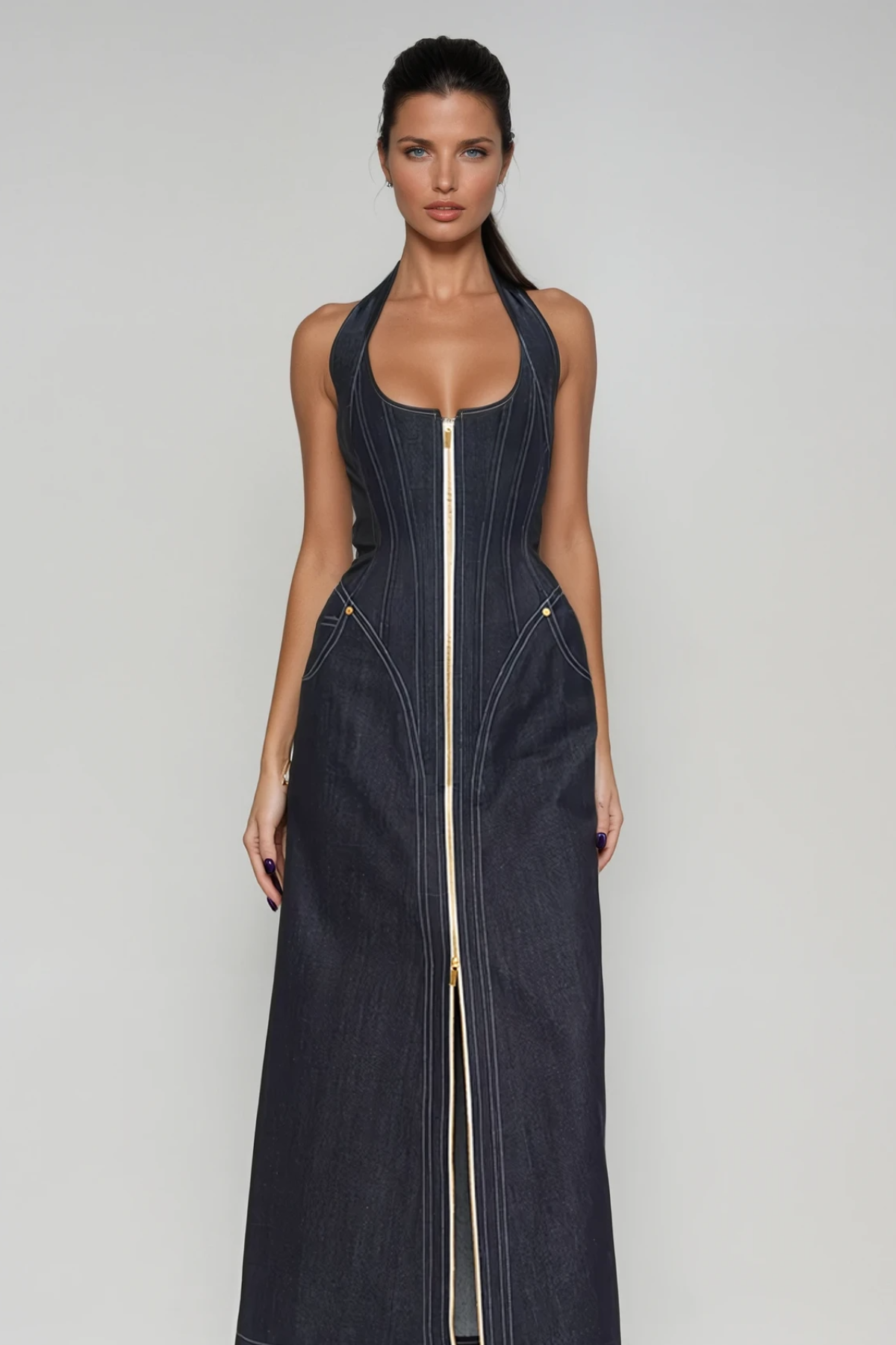 Maren Women's Maxi Dress | Soft Denim, Elegant Halter Neckline 6
