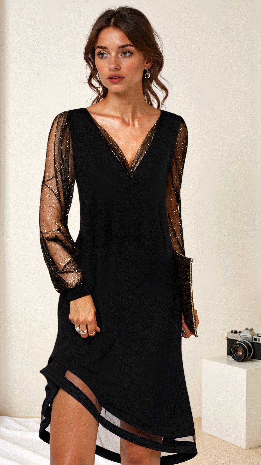 Maya Women's Black Dress | Sheer Sleeves, Elegant Shimmer 0