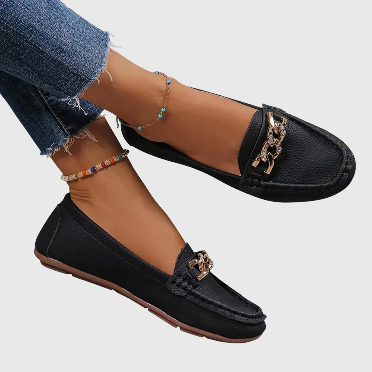 Melo Women's Black Loafers | Cushioned Comfort, Gold-Chain Detail 1