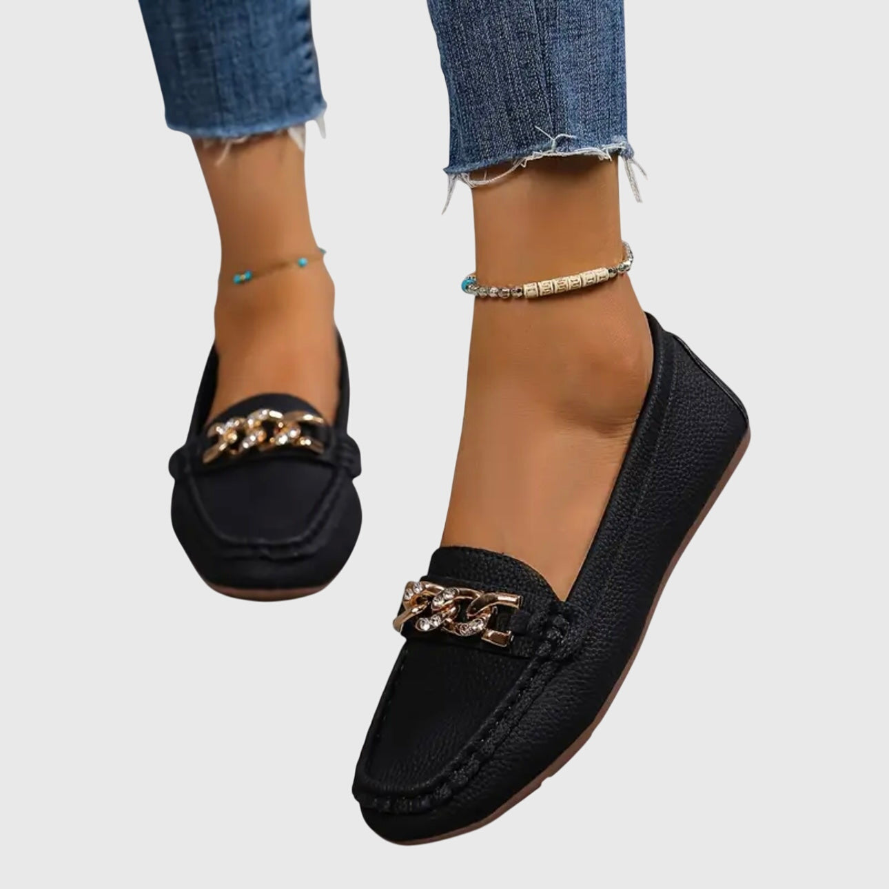 Melo Women's Black Loafers | Cushioned Comfort, Gold-Chain Detail 9