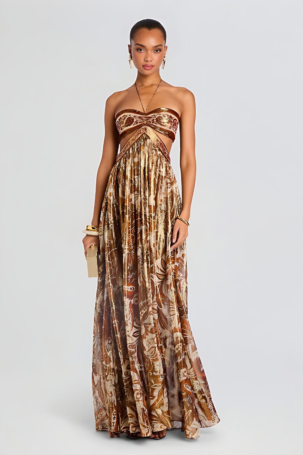 Pavla Women's Maxi Dress | Elegant Strapless Design, Bold Brown Print 0