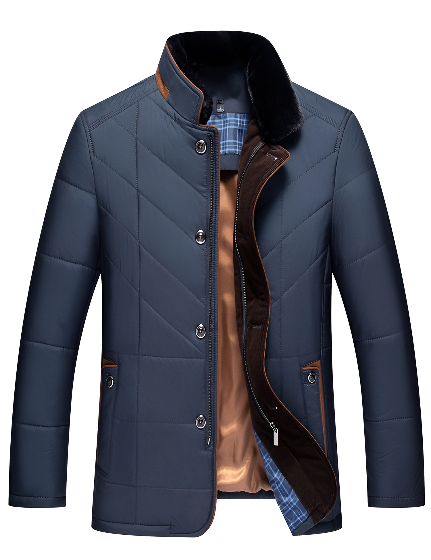 Quilted Men's Winter Jacket | Stylish Design with Button and Zip Closure 0