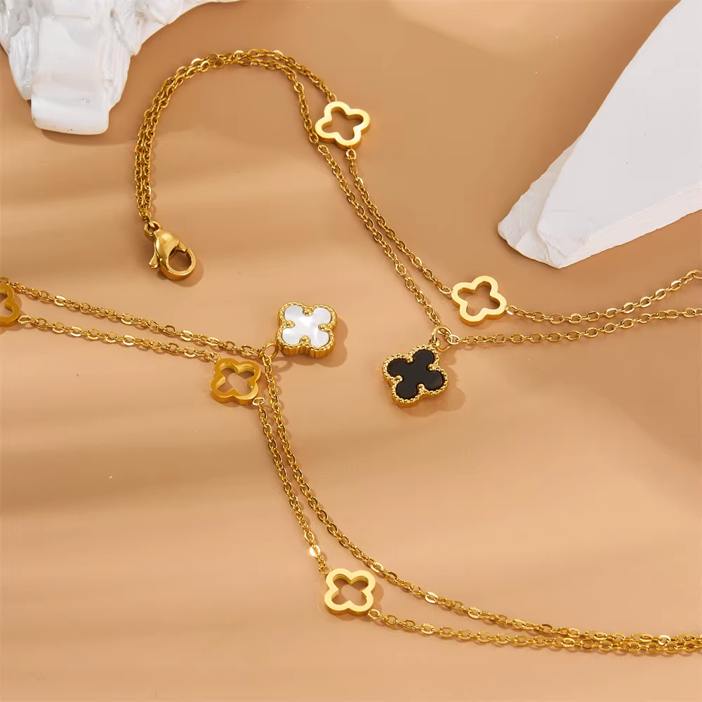 Rhea Women's Gold Anklet | 18k Gold-Plated Stainless Steel, Layered Clover Charms 1
