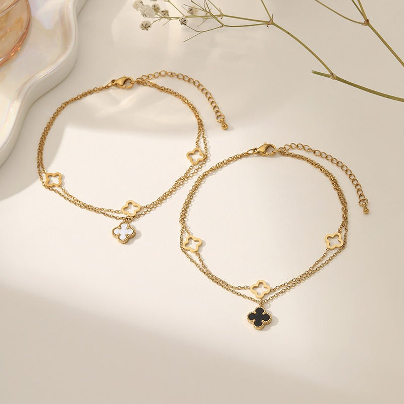 Rhea Women's Gold Anklet | 18k Gold-Plated Stainless Steel, Layered Clover Charms 3