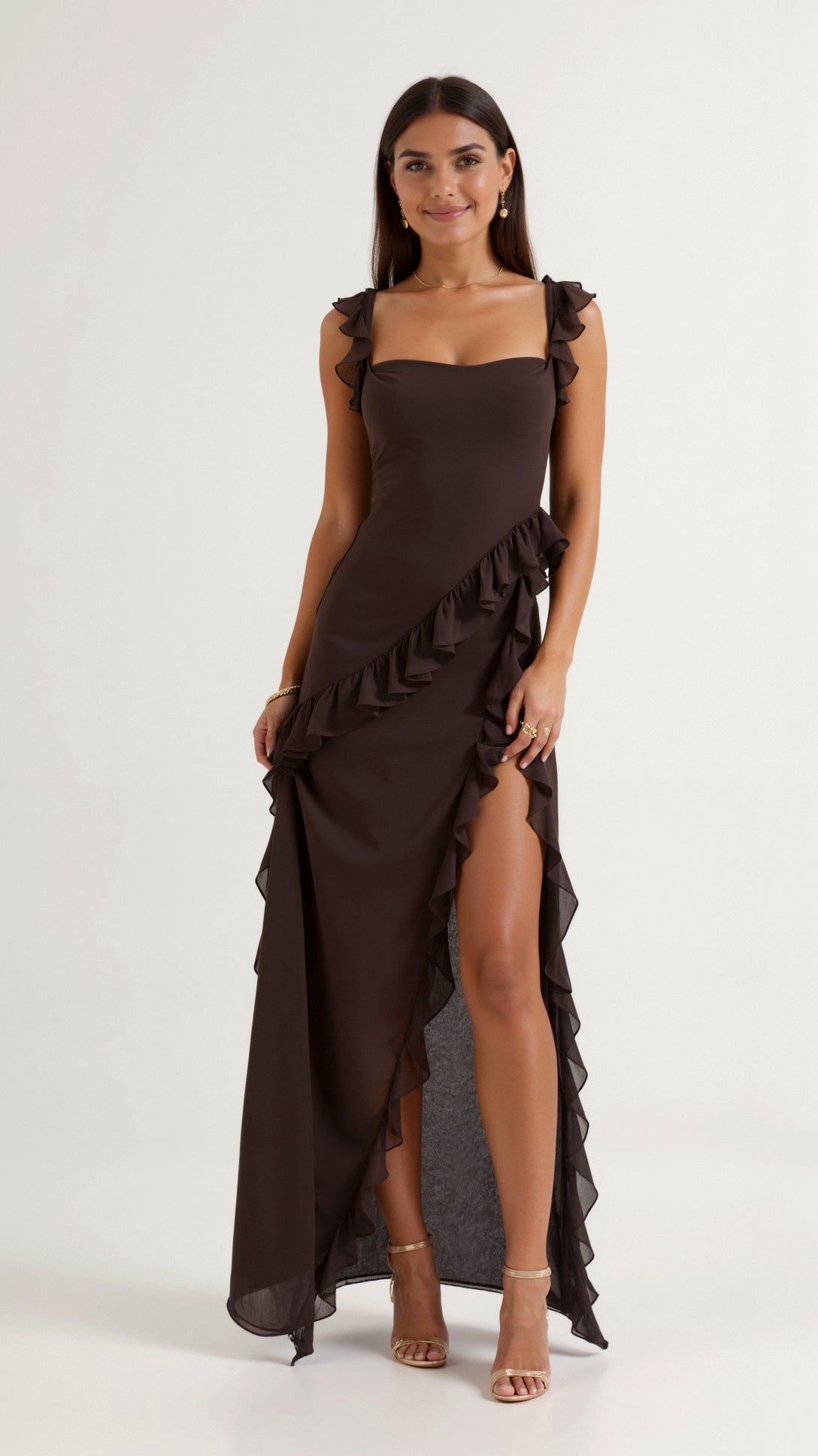 Samantha Women's Maxi Dress | Elegant Ruffles, High Slit 0