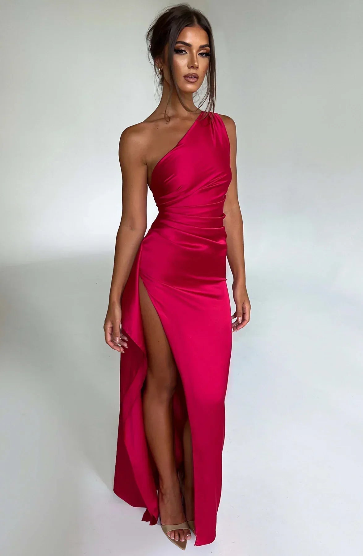 Satin Evening Gown for Women | One-Shoulder Design with Thigh-High Slit 0