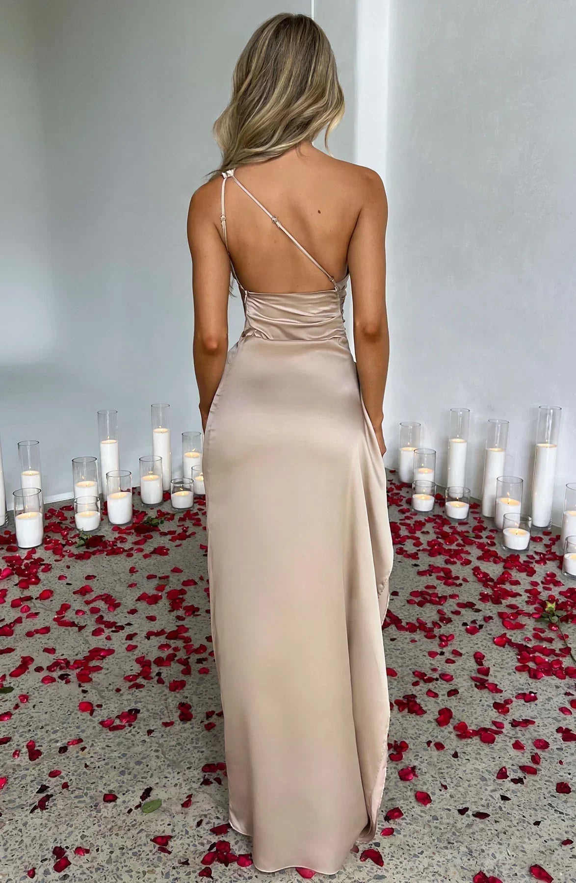 Satin Evening Gown for Women | One-Shoulder Design with Thigh-High Slit 4