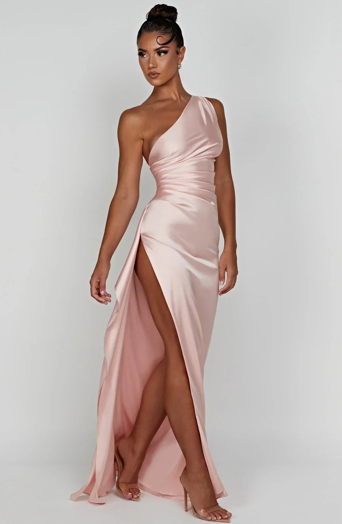 Satin Evening Gown for Women | One-Shoulder Design with Thigh-High Slit 8