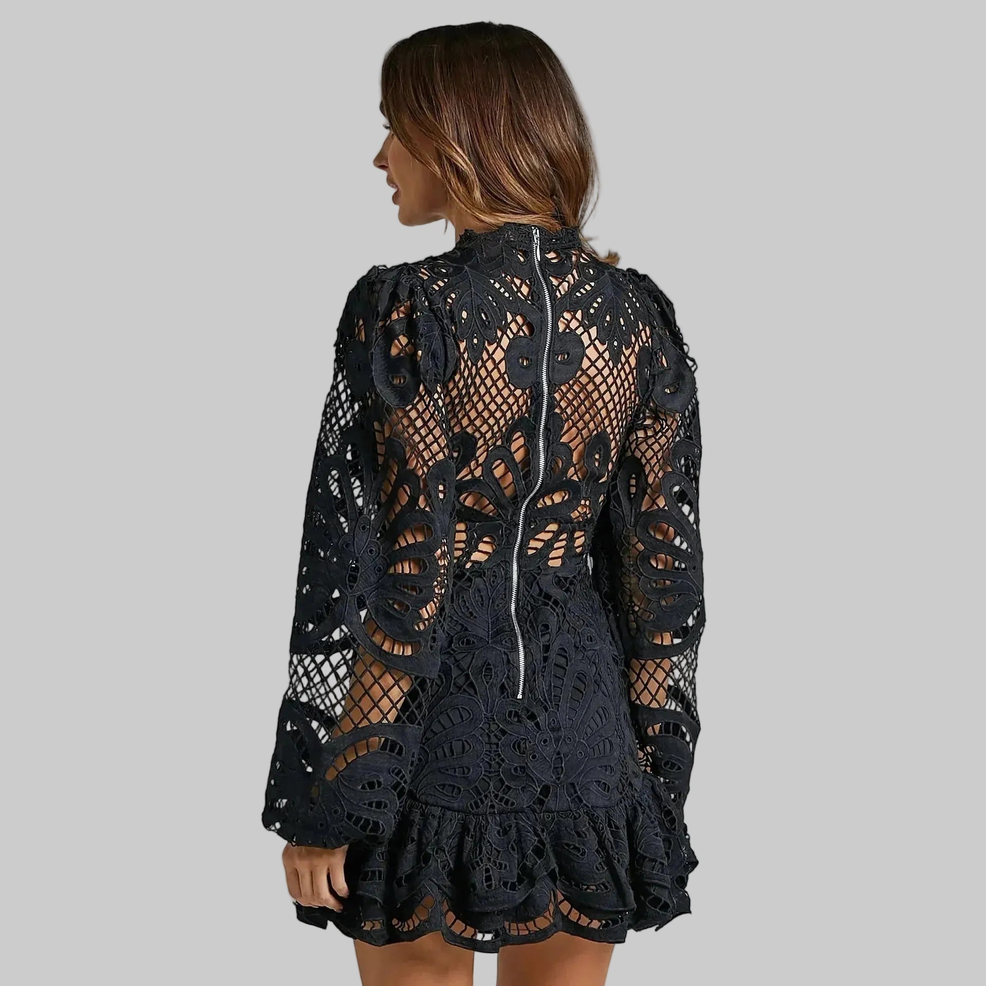 Solemn Women's Black Mini Dress | Premium Lace, Flared Sleeves 5