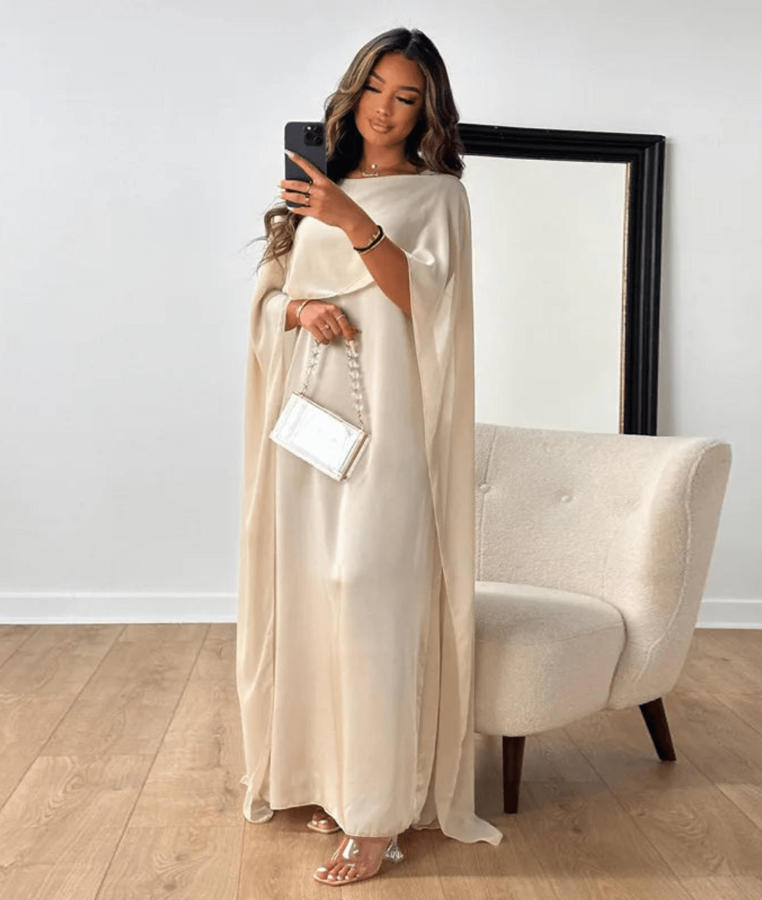 Tayma Women's Maxi Dress | Satin Blend, Elegant Cape Sleeves 0