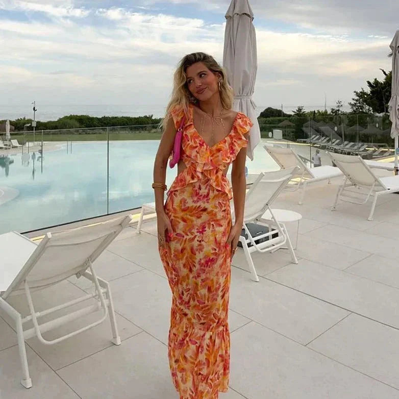 Tropical Sunset Women's Maxi Dress | Floral Ruffles, Lightweight Summer Style 0