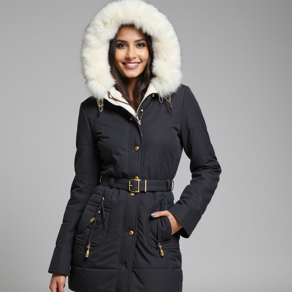 Wendy Women's Parka Jacket | Faux Fur Hood, Belted Design 1