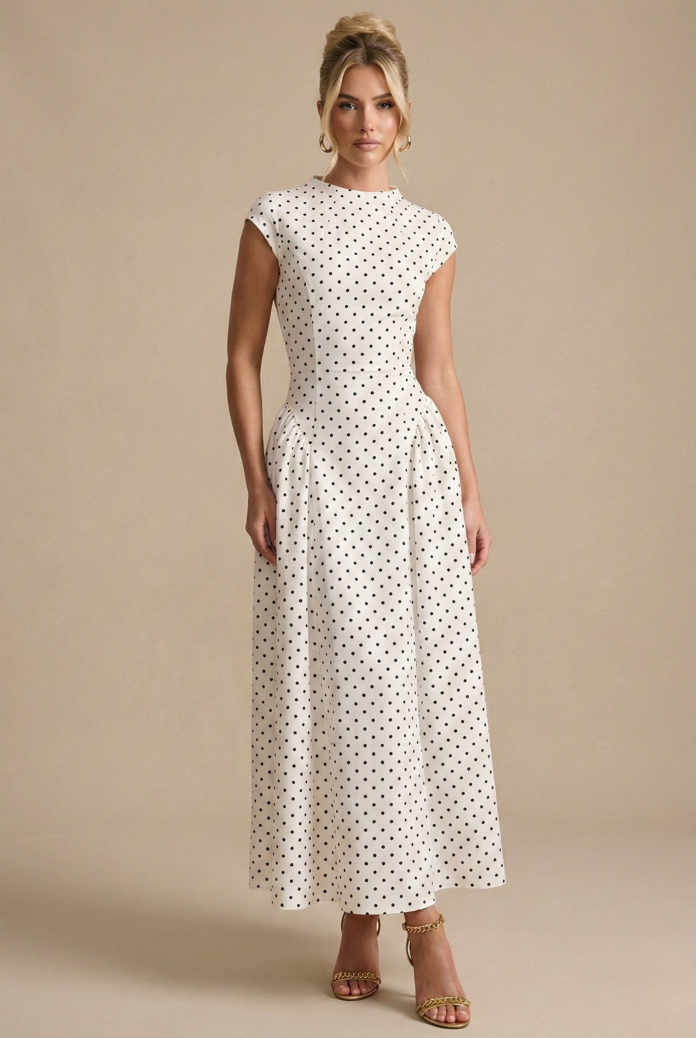Women's Polka Dot Maxi Dress – Cap Sleeve High Neck A-Line
