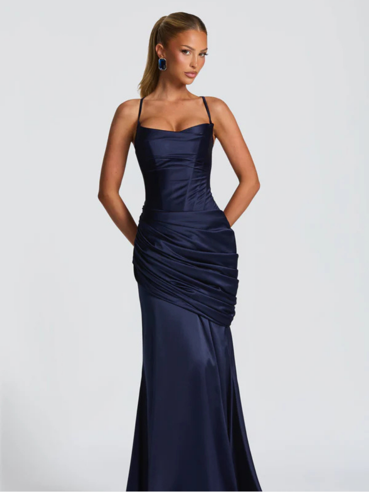 Ava Women's Maxi Dress | Elegant Deep Navy, Softly Gathered Bodice 0