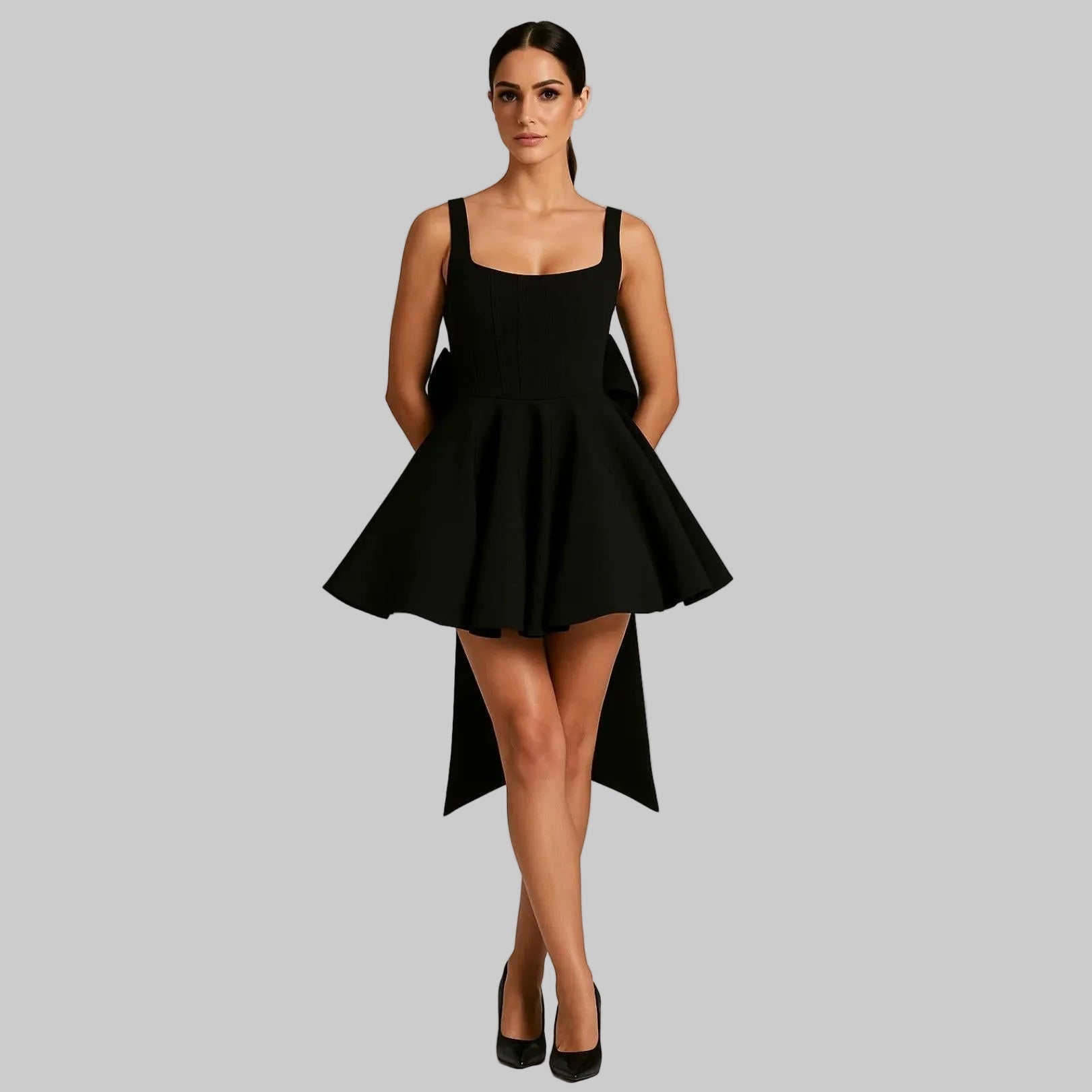Ava Women's Wedding Guest Dress | Fitted Bodice with Flared Skirt, Oversized Bow 3