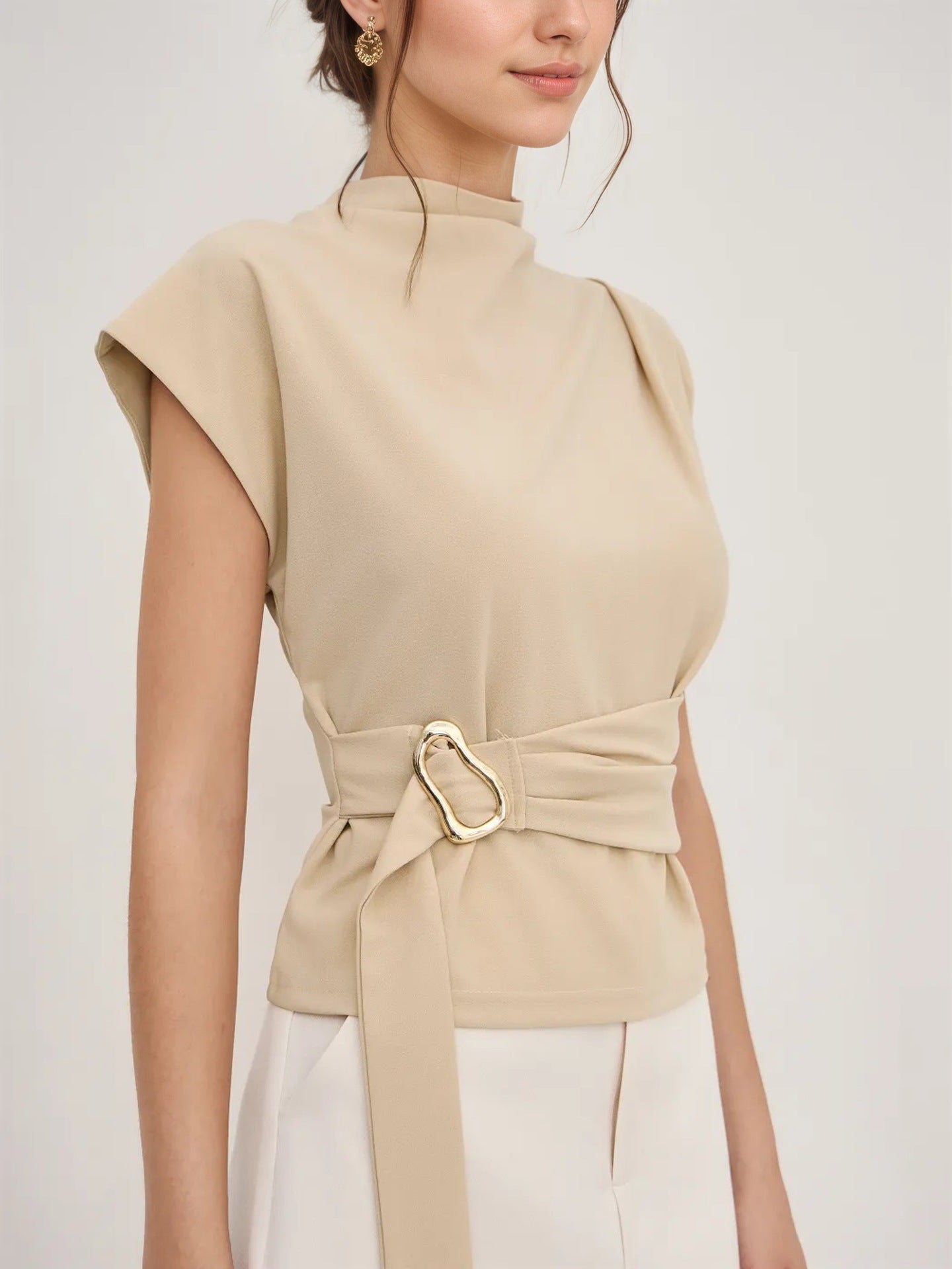 Bella Women's Blouse | Mock Neck, Belted Waist, Cap Sleeves 0