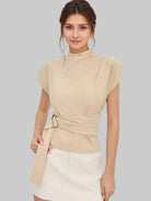 Bella Women's Blouse | Mock Neck, Belted Waist, Cap Sleeves 1