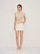 Bella Women's Blouse | Mock Neck, Belted Waist, Cap Sleeves 2