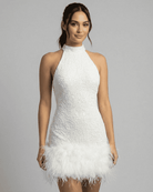 Brianna Women's Mini Dress | White Sequin Bodycon with Halter Neckline 1