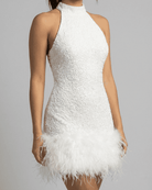 Brianna Women's Mini Dress | White Sequin Bodycon with Halter Neckline 2