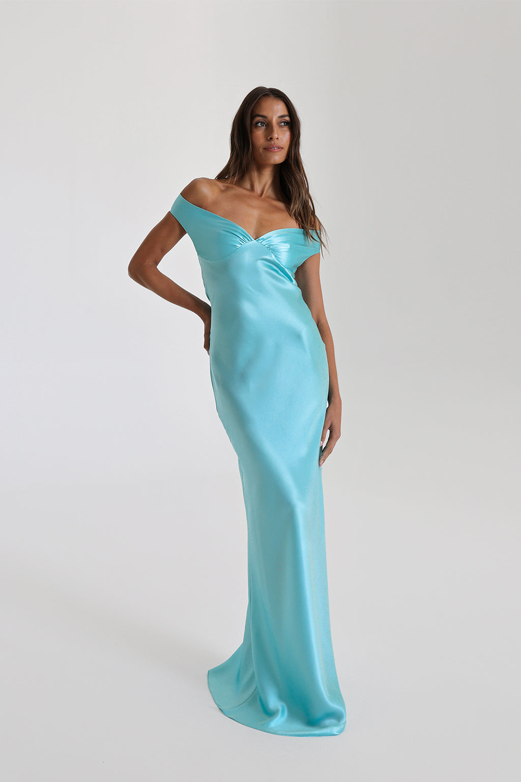 Bridget Women's Evening Gown | Silk Off-Shoulder Elegance 10
