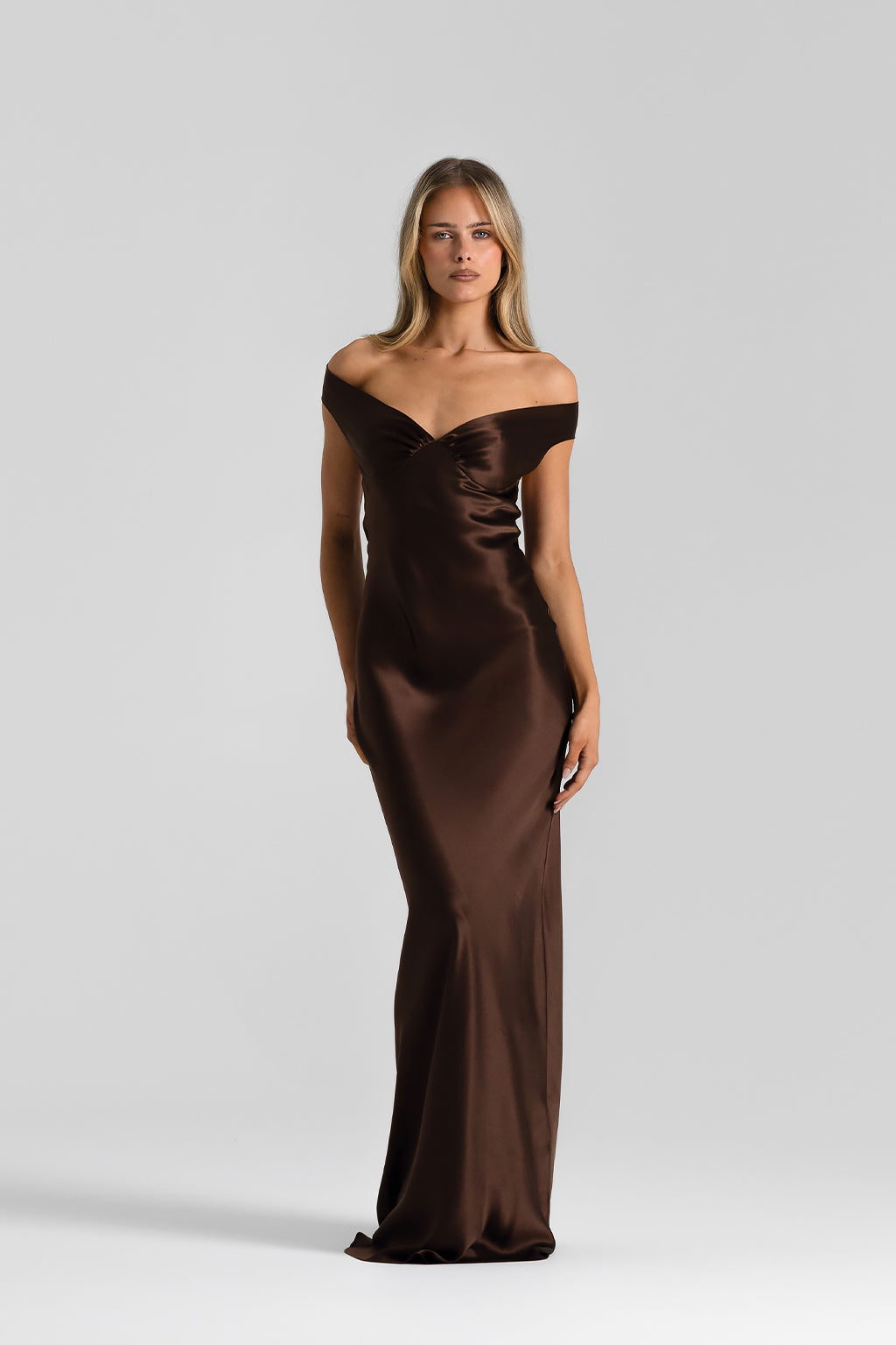 Bridget Women's Evening Gown | Silk Off-Shoulder Elegance 9