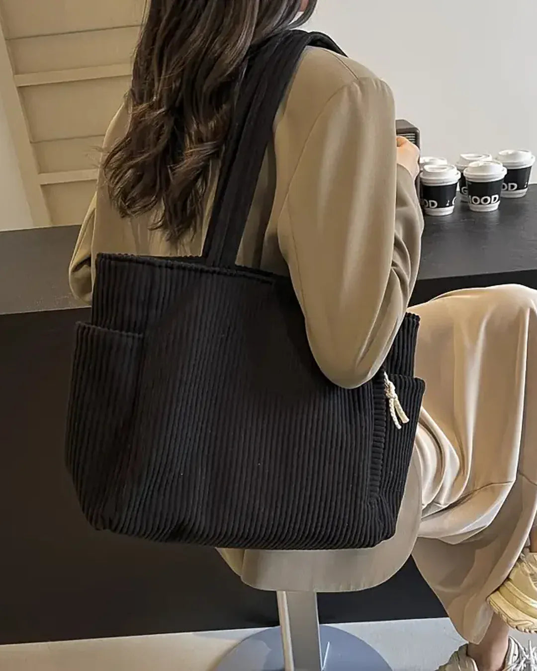 Cali Women's Black Canvas Tote Bag | Spacious Ribbed Design, Practical Compartments 7