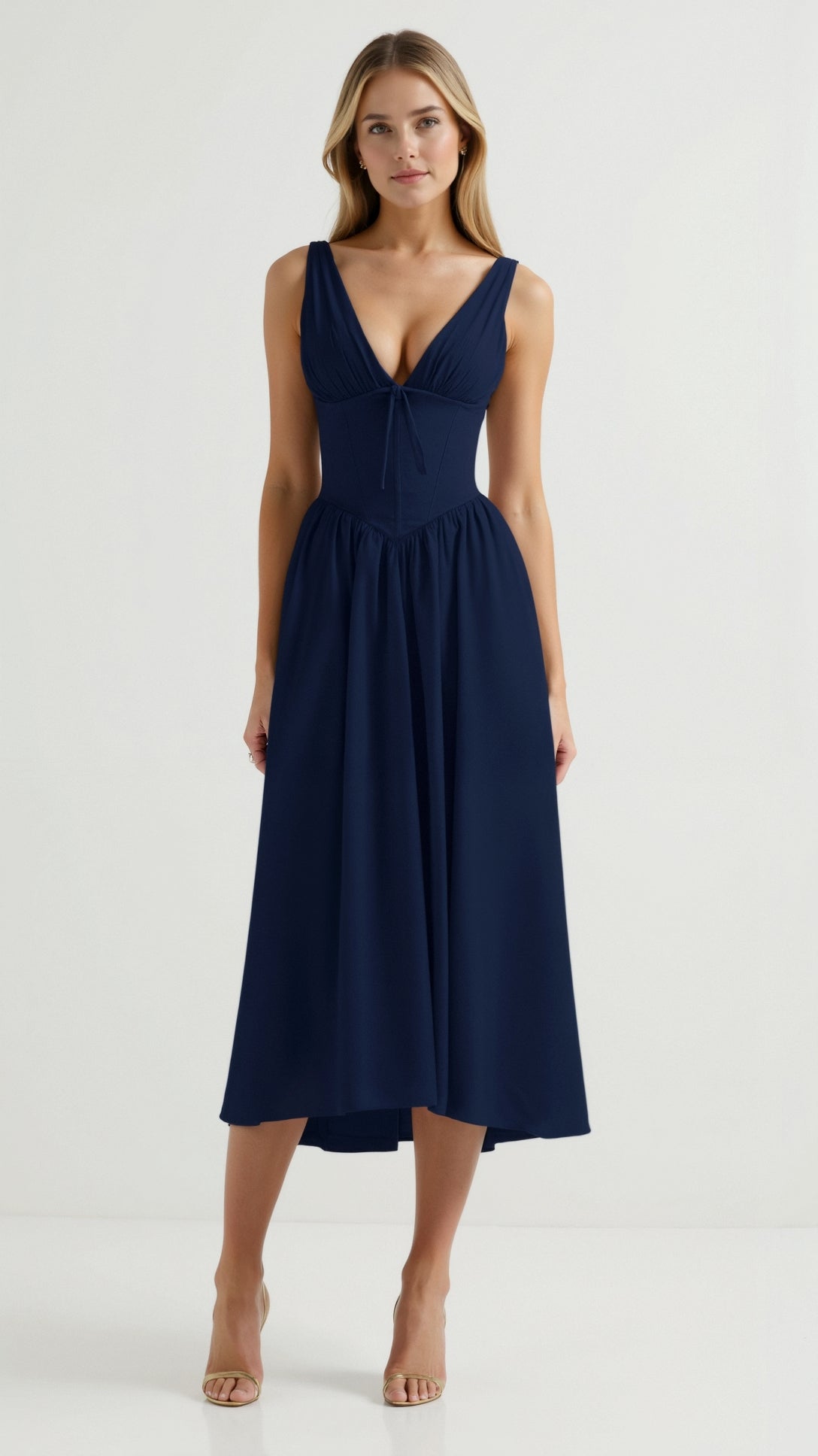 Cassandra Women's Midi Dress | Plunging V-Neck, Elegant Summer Style 0