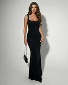 Celeste Women's Maxi Dress | Black Stretch Satin with Sparkle 0
