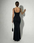 Celeste Women's Maxi Dress | Black Stretch Satin with Sparkle 1