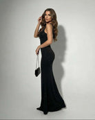 Celeste Women's Maxi Dress | Black Stretch Satin with Sparkle 2