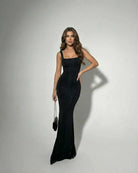 Celeste Women's Maxi Dress | Black Stretch Satin with Sparkle 4