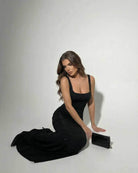 Celeste Women's Maxi Dress | Black Stretch Satin with Sparkle 6